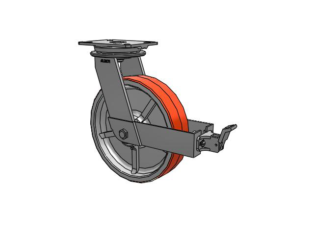90 Series Top Plate Swivel Caster with 12 x 3 Red-Orange Tread on Cast Iron Core PY - Polyurethane (Cast Iron Core) Wheel and Face Brake