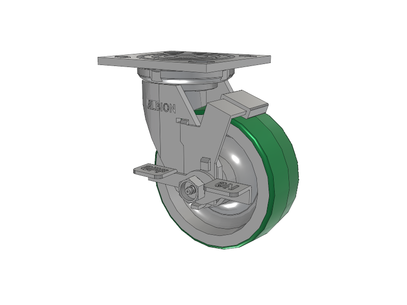 16 Series Top Plate Swivel Caster with 5 x 2 Green Tread on Aluminum Core PD - Polyurethane (Aluminum Core) Wheel and Face Brake