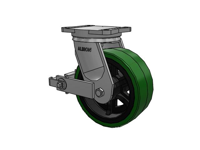 94 Series TRL Top Plate Swivel Caster with 10 x 4 Green Tread on Black Cast Iron Core PX - Thick Polyurethane (Cast Iron Core) Wheel and Poly Cam Brake
