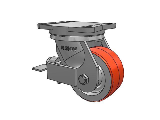 94 Series TRL Top Plate Swivel Caster with 6 x 3 Red-Orange Tread on Cast Iron Core PY - Polyurethane (Cast Iron Core) Wheel and Face Brake