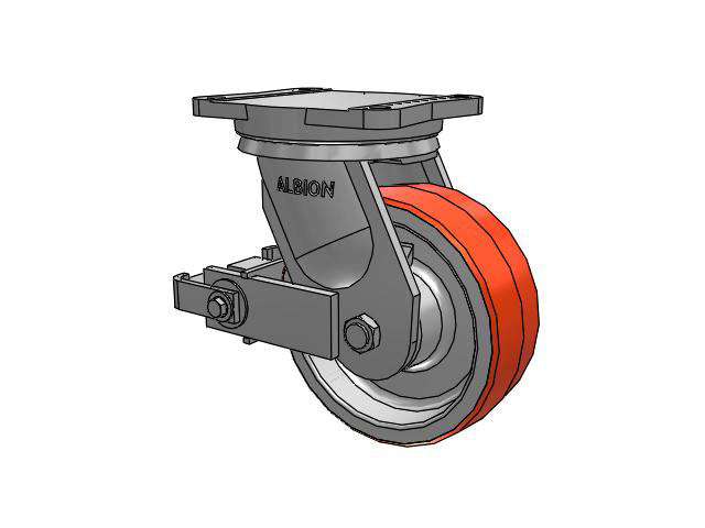 94 Series TRL Top Plate Swivel Caster with 8 x 3 Red-Orange Tread on Cast Iron Core PY - Polyurethane (Cast Iron Core) Wheel and Poly Cam Brake