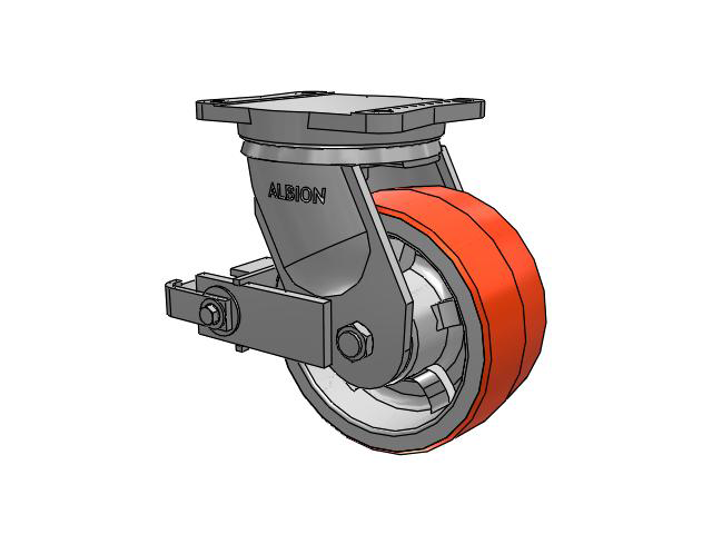 94 Series TRL Top Plate Swivel Caster with 8 x 4 Red-Orange Tread on Cast Iron Core PY - Polyurethane (Cast Iron Core) Wheel and Poly Cam Brake