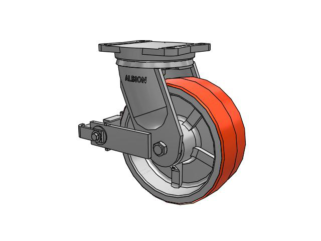 94 Series TRL Top Plate Swivel Caster with 10 x 4 Red-Orange Tread on Cast Iron Core PY - Polyurethane (Cast Iron Core) Wheel and Poly Cam Brake
