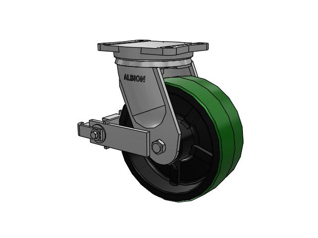 Roulette pivotante à plaque supérieure TRL série 94, avec bande de roulement verte 10 x 4 sur noyau en fonte noire PY – Roue en polyuréthane (noyau en fonte) et frein à came en polyuréthane