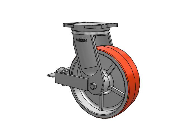 94 Series TRL Top Plate Swivel Caster with 12 x 4 Red-Orange Tread on Cast Iron Core PY - Polyurethane (Cast Iron Core) Wheel and Face Brake