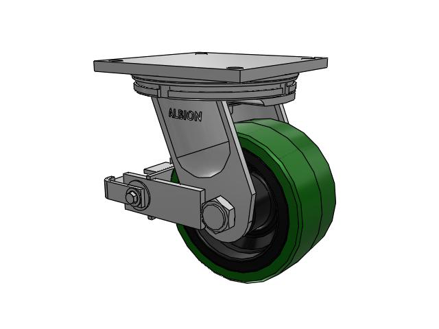 95 Series BBL Top Plate Swivel Caster with 8 x 4 Green Tread on Black Cast Iron Core PX - Thick Polyurethane (Cast Iron Core) Wheel and Poly Cam Brake