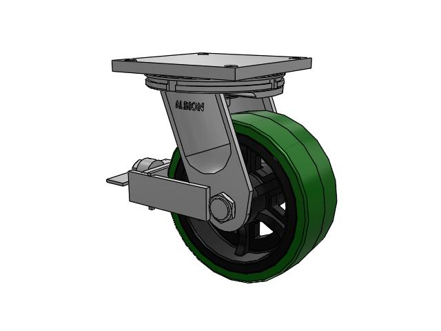 95 Series TRL Top Plate Swivel Caster with 10 x 4 Green Tread on Black Cast Iron Core PX - Thick Polyurethane (Cast Iron Core) Wheel and Face Brake