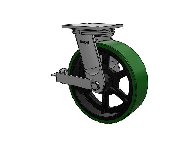 95 Series BBL Top Plate Swivel Caster with 16 x 5 Green Tread on Black Cast Iron Core PX - Thick Polyurethane (Cast Iron Core) Wheel and Face Brake