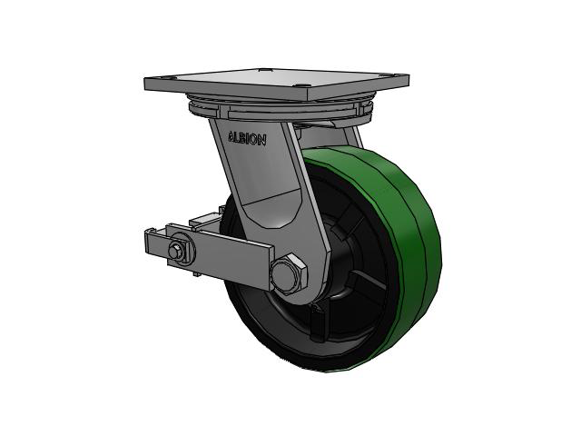 95 Series BBL Top Plate Swivel Caster with 10 x 4 Green Tread on Black Cast Iron Core PY - Polyurethane (Cast Iron Core) Wheel and Poly Cam Brake