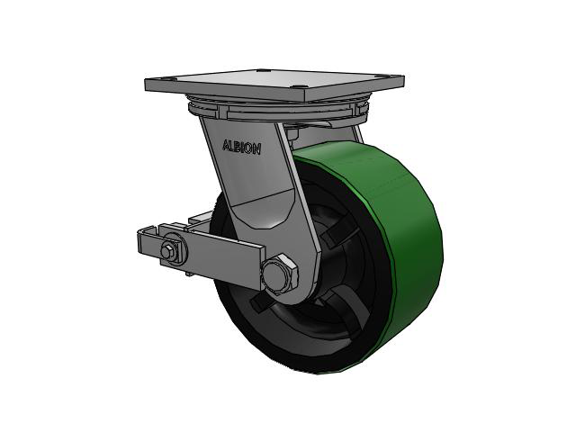 95 Series BBL Top Plate Swivel Caster with 10 x 5 Green Tread on Black Cast Iron Core PY - Polyurethane (Cast Iron Core) Wheel and Poly Cam Brake