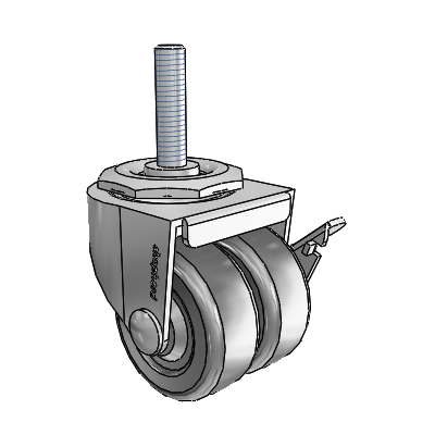 00 Series Threaded Stem Polished Nickel Swivel Caster with 2 x .8125 Loden Grey Hard Rubber Wheel and Side Brake