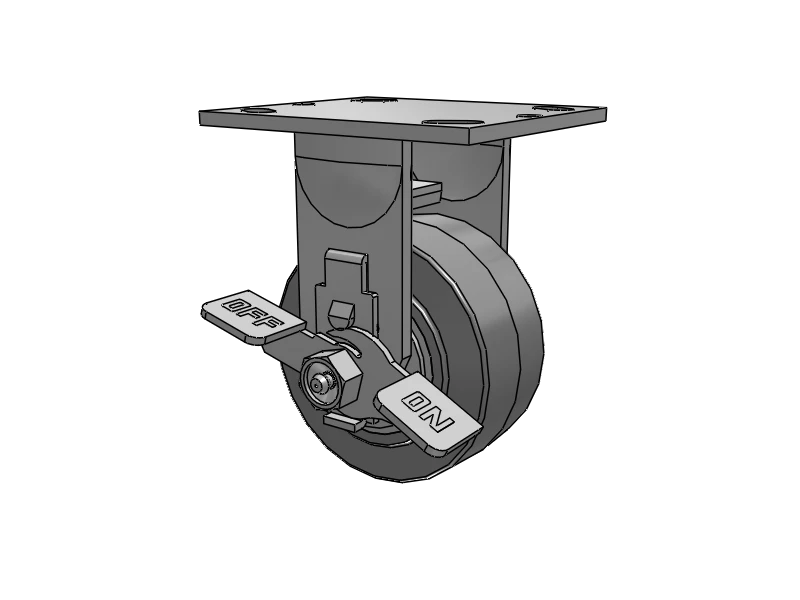 E-line Rigid Caster with 4 x 2 Thermo-Rubber (Flat) Wheel and Tread Lock Brake