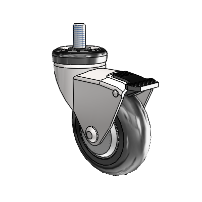 Roulette pivotante Omega à tige filetée, finition chrome brillant, équipée de 3 roues MonoTech noires de 0,9375 et d'un frein à blocage de la bande de roulement