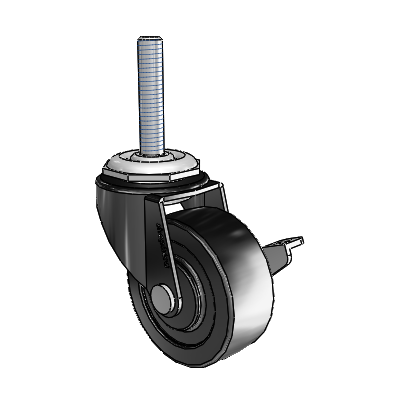 Roulette pivotante Regent à tige filetée, finition oxydée noire, équipée de 2 roues en polyoléfine de 0,8125 et d'un frein latéral