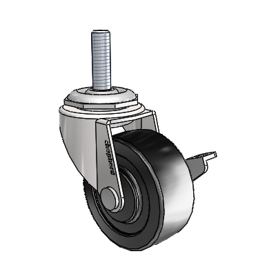 Roulette pivotante Regent à tige filetée, finition chrome brillant, équipée de 2 roues en polyoléfine noire de 0,8125 et d'un frein latéral