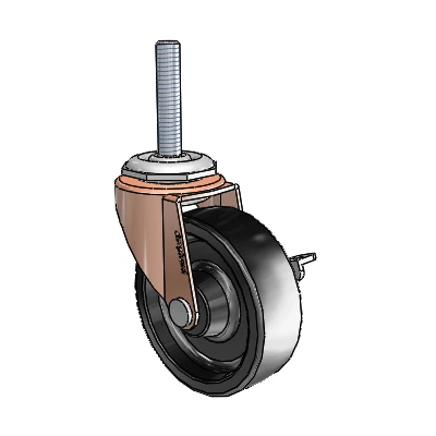 Roulette pivotante Regent à tige filetée en oxyde de cuivre, équipée d'une roue en polyoléfine noire de 2,5 x 0,8125 et d'un frein latéral