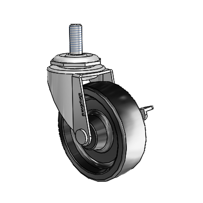 Roulette pivotante Regent à tige filetée, finition nickel poli, avec roue en polyoléfine noire de 2,5 x 0,8125 et frein latéral