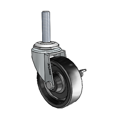 Roulette pivotante Regent à tige filetée en zinc, équipée d'une roue en polyoléfine noire de 2,5 x 0,8125 et d'un frein latéral