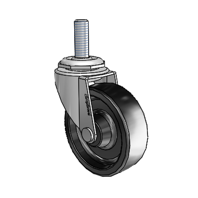 Roulette pivotante Regent à tige filetée, finition nickel poli, avec roue en polyoléfine noire de 2,5 x 0,8125