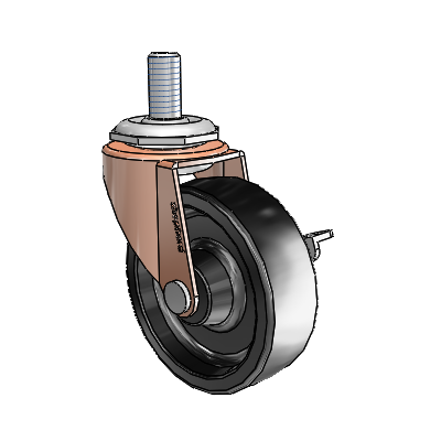 Roulette pivotante Regent à tige filetée en oxyde de cuivre, équipée d'une roue en polyoléfine noire de 2,5 x 0,8125 et d'un frein latéral
