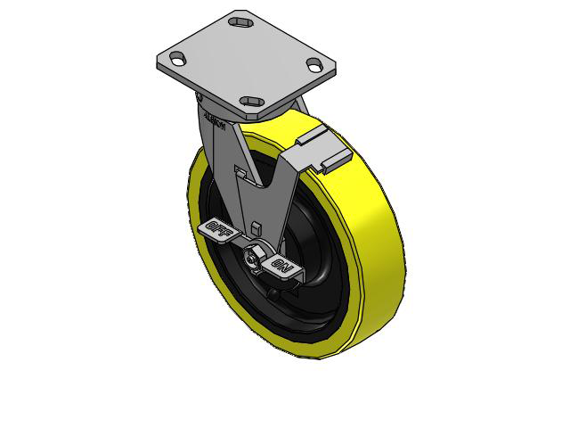 170 Series Top Plate Swivel Caster with 8 x 2 Yellow Tread on Black Cast Iron Core PF - Polyurethane (Heavy Duty Cast Iron Core) Wheel and Face Brake