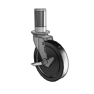 Roulette pivotante Regent à adaptateur extensible, finition nickel poli, équipée de 5 roues en polyoléfine noire de 0,9375 et d'un frein latéral
