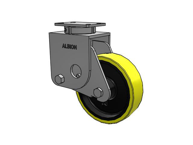 Roulette pivotante sans pivot central de la série S310, avec plaque supérieure, dotée d'une bande de roulement jaune de 10 x 3 sur un noyau en fonte noire PF - Roue en polyuréthane (noyau en fonte pour usage intensif)