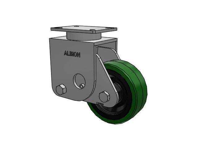S410 Series Kingpinless Top Plate Rigid Caster with 8 x 3 Green Tread on Black Cast Iron Core PX - Thick Polyurethane (Cast Iron Core) Wheel