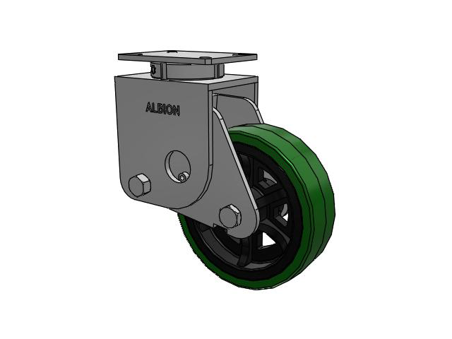 S410 Series Kingpinless Top Plate Swivel Caster with 10 x 3 Green Tread on Black Cast Iron Core PX - Thick Polyurethane (Cast Iron Core) Wheel