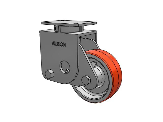 S410 Series Kingpinless Top Plate Swivel Caster with 8 x 3 Red-Orange Tread on Cast Iron Core PY - Polyurethane (Cast Iron Core) Wheel