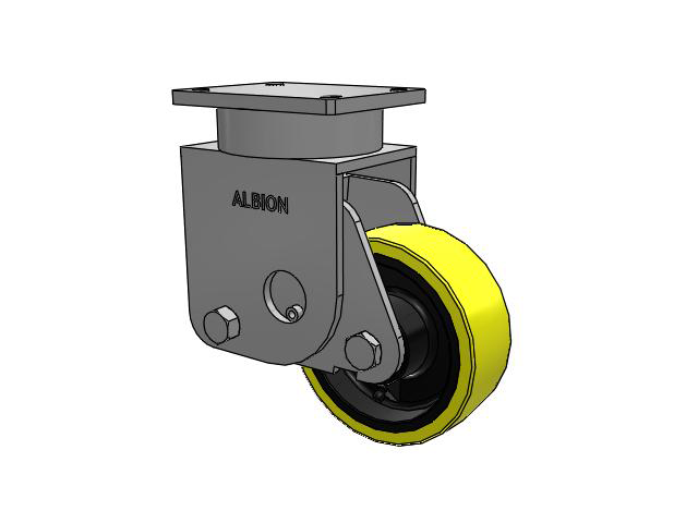 Roulette rigide sans pivot de la série S610 avec plaque supérieure, dotée d'une bande de roulement jaune 8 x 3 sur un noyau en fonte noire PF - Roue en polyuréthane (noyau en fonte haute résistance)