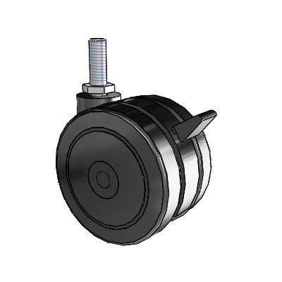 Twin Wheel Threaded Stem Swivel Caster with 3 x 1.9688 Black Nylon Wheel and Brake