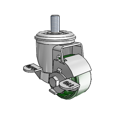 2 Series Threaded Stem Zinc Swivel Caster Caster with 2.5 x 1.25 Green Cast Iron Wheel and Top Lock Brake