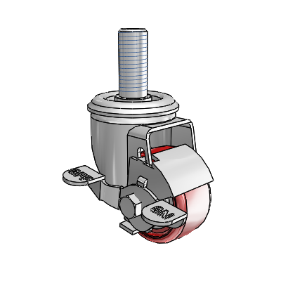 Roulette pivotante à tige filetée de la série 2, en zinc, équipée d'une roue HI-TECH en polyuréthane marron sur fond gris de 2,5 x 1,25 et d'un frein à blocage par le haut