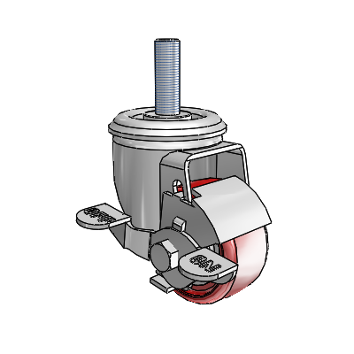 Roulette pivotante à tige filetée de la série 2, en zinc, équipée d'une roue HI-TECH en polyuréthane marron sur fond gris de 2,5 x 1,25 et d'un frein à blocage par le haut