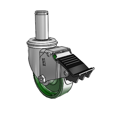 2 Series Grip Ring Stem Zinc Swivel Caster with 3.5 x 1.25 Green Cast Iron Wheel and Total Lock Brake