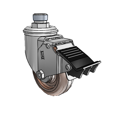 2 Series Pipe Thread Stem Zinc Swivel Caster with 3.5 x 1.25 Brown Thermo Wheel and Total Lock Brake