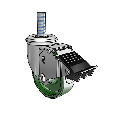 2 Series Threaded Stem Zinc Swivel Caster with 3.5 x 1.25 Green Cast Iron Wheel and Total Lock Brake