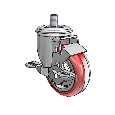 2 Series Threaded Stem Zinc Swivel Caster with 3.5 x 1.25 Maroon on Grey Polyurethane HI-TECH Wheel and Top Lock Brake