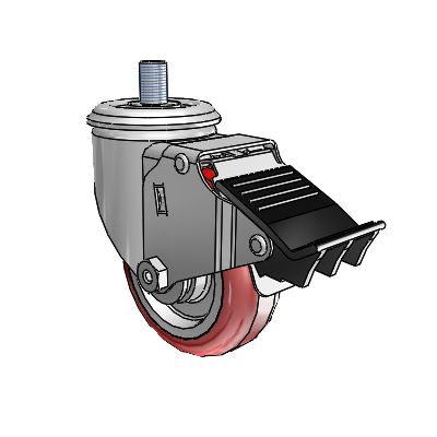 2 Series Threaded Stem Zinc Swivel Caster with 3.5 x 1.25 Maroon on Grey Polyurethane HI-TECH Wheel and Total Lock Brake