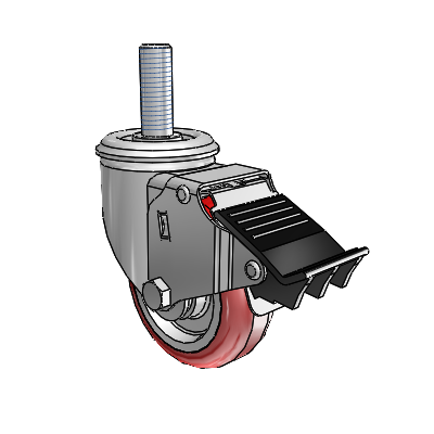 2 Series Threaded Stem Zinc Swivel Caster with 3.5 x 1.25 Maroon on Grey Polyurethane HI-TECH Wheel and Total Lock Brake