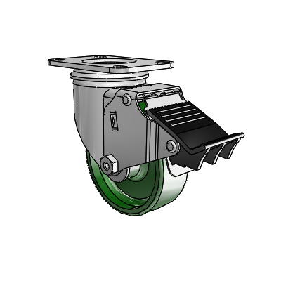 2 Series Casters Top Plate Swivel Zinc with 3.5 x 1.25 Green Cast Iron Wheel and Total Lock Brake