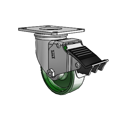 2 Series Casters Top Plate Swivel Zinc with 3.5 x 1.25 Green Cast Iron Wheel and Total Lock Brake