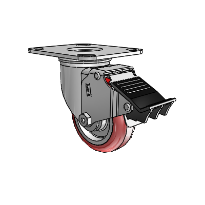 2 Series Casters Top Plate Swivel Zinc with 3.5 x 1.25 Maroon on Grey Polyurethane HI-TECH Wheel and Total Lock Brake