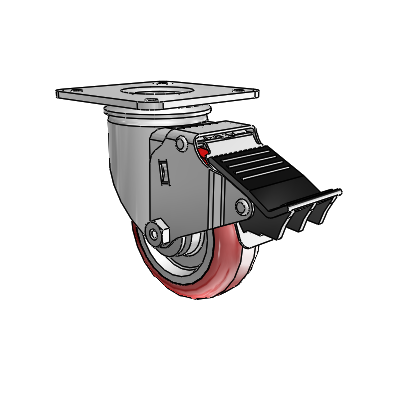 2 Series Casters Top Plate Swivel Zinc with 3.5 x 1.25 Maroon on Grey Polyurethane HI-TECH Wheel and Total Lock Brake