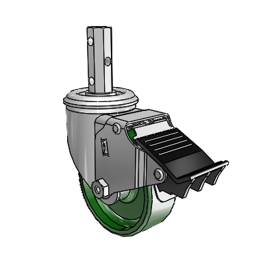 2 Series Casters Square Stem Swivel Zinc with 3.5 x 1.25 Green Cast Iron Wheel and Total Lock Brake