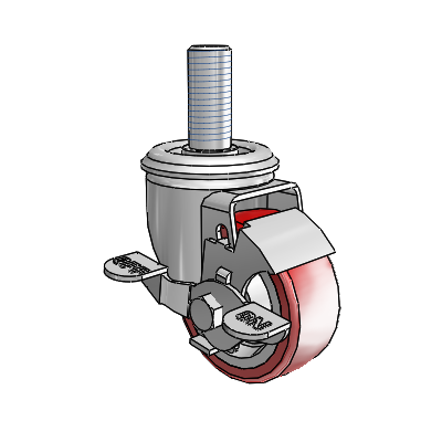 2 Series Threaded Stem Zinc Swivel Caster with 3 x 1.25 Maroon on Grey Polyurethane HI-TECH Wheel and Top Lock Brake
