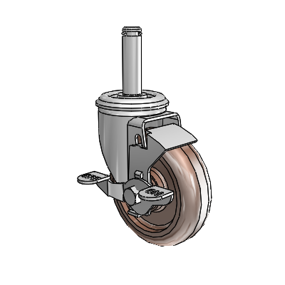Roulette pivotante à tige et anneau de préhension de la série 2, en zinc, équipée de 4 roues thermo marron de 1,25 et d'un frein à verrouillage par le haut