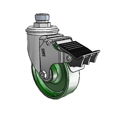 2 Series Pipe Thread Stem Zinc Swivel Caster with 4 x 1.25 Green Cast Iron Wheel and Total Lock Brake