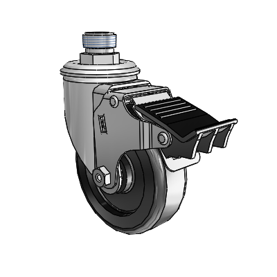 2 Series Pipe Thread Stem Zinc Swivel Caster with 4 x 1.25 Black Polyolefin Wheel and Total Lock Brake